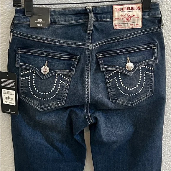 True Religion Becca Crystal Flap Rhinestone Mid Rise Bootcut Jeans Size 26 - Picture 6 of 8